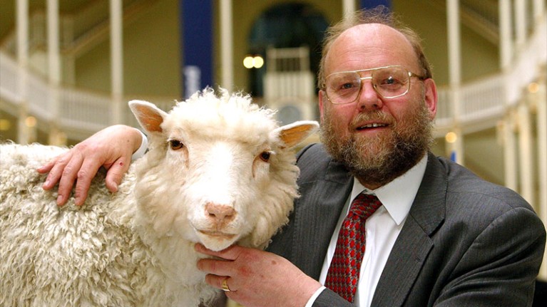 Professor Ian Wilmut of the Roslin Institute pictured with Dolly the Sheep.