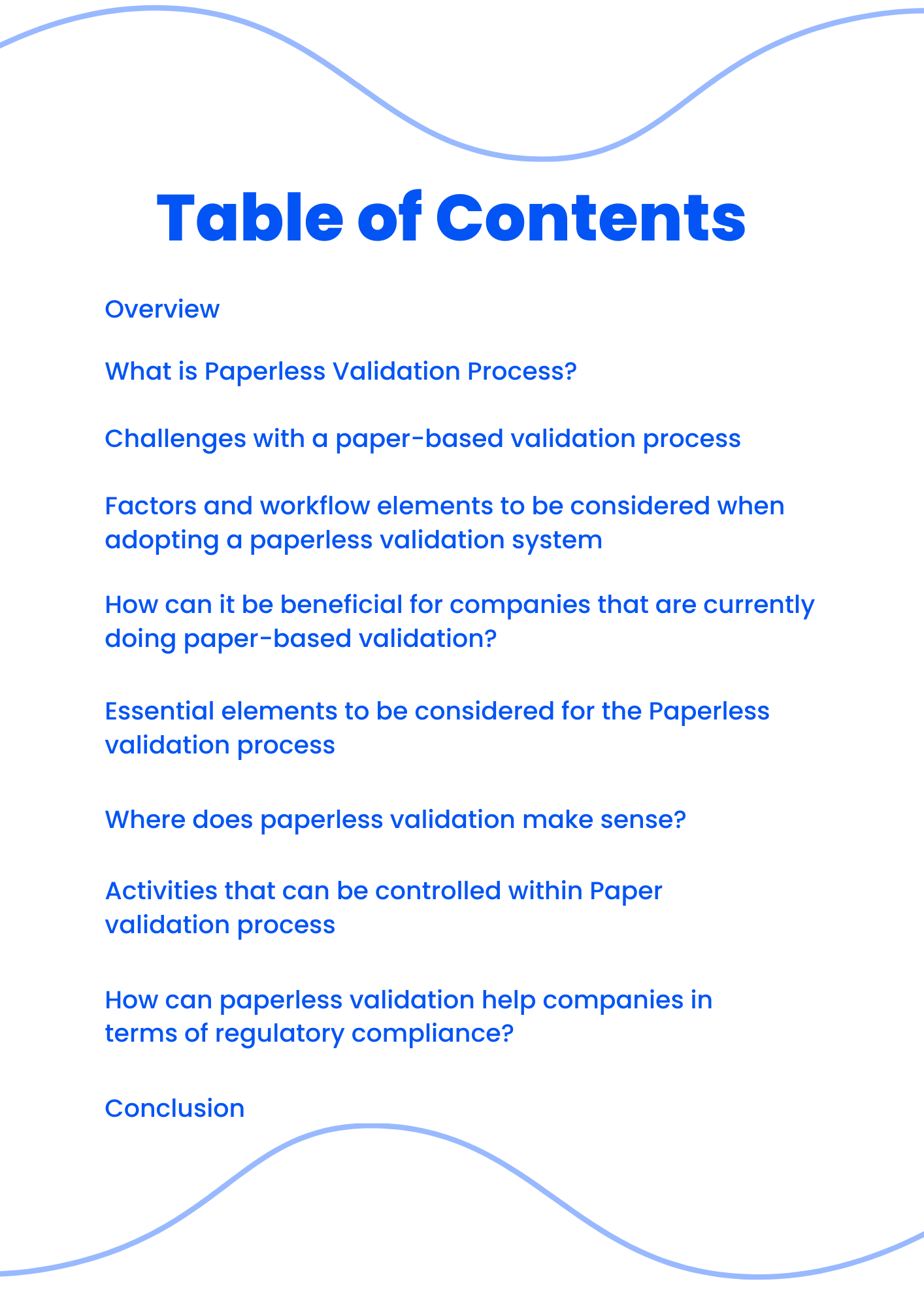 Table of contents for paperless validation process by PSC Biotech